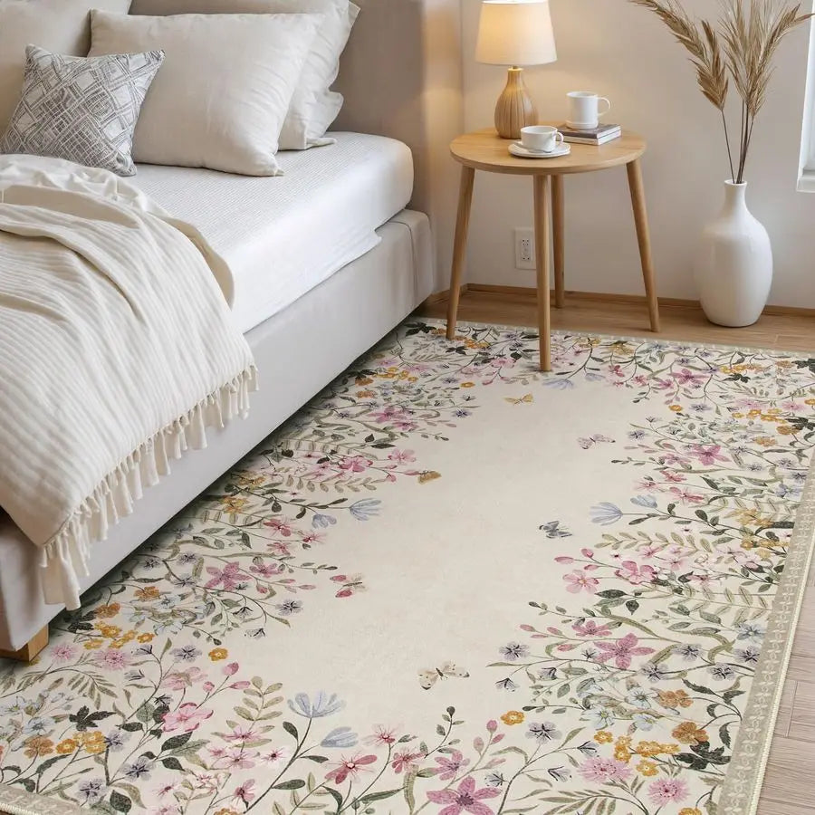 Washable 4x6 Rug for Bedroom, Floral Print Area Rug NonSlip