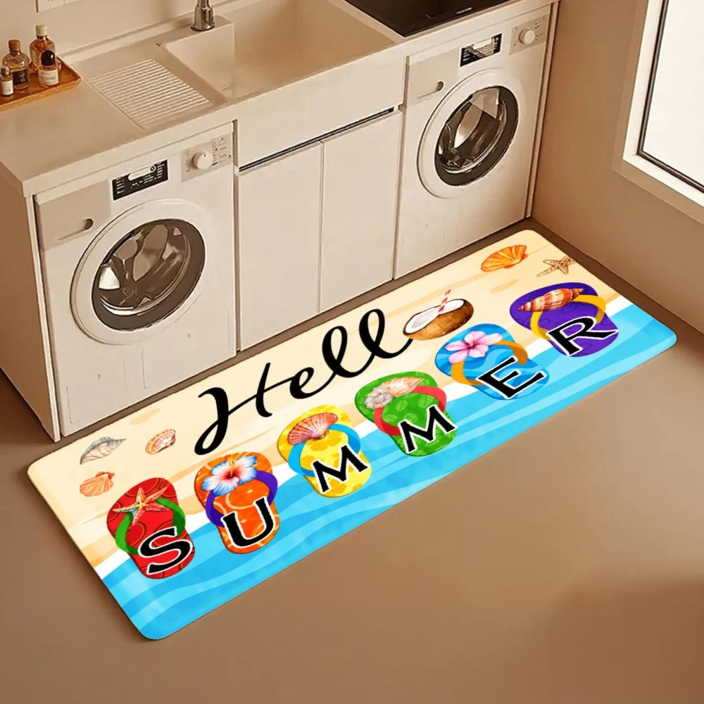 3PCS Kitchen Rugs Hello Summer Colorful Flip Flops Pattern Dining Mat