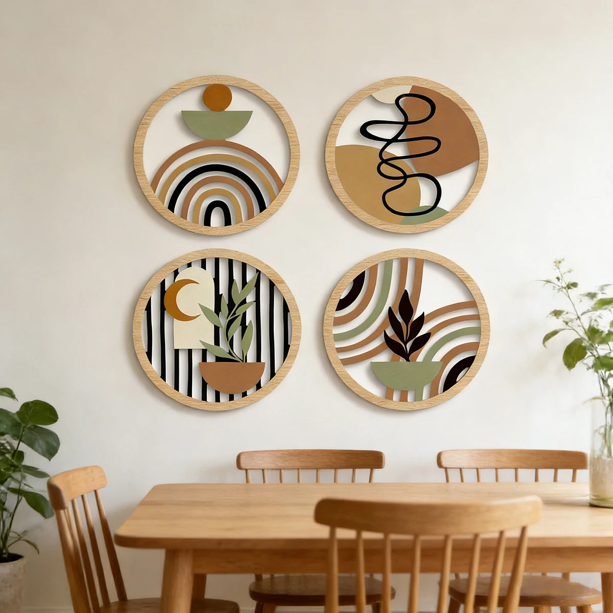 4Pcs Boho 2D Wave Wall Art Round Wooden Hanging Signs