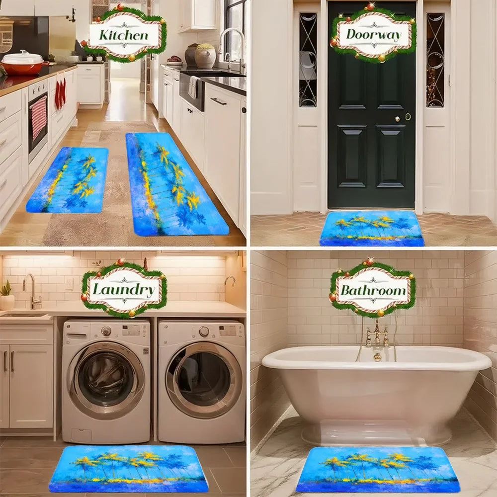 3PCS Kitchen Rugs, Kitchen, Bathroom, Blue Sky Palm Trees Tropical Beach