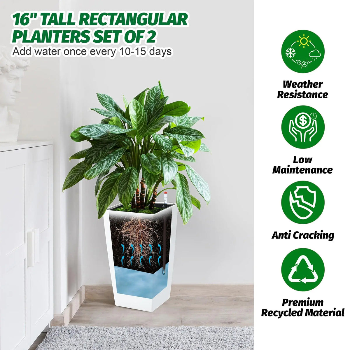15.7"/22.5" Tall Planters Set Of 2, Self Watering With Drainage