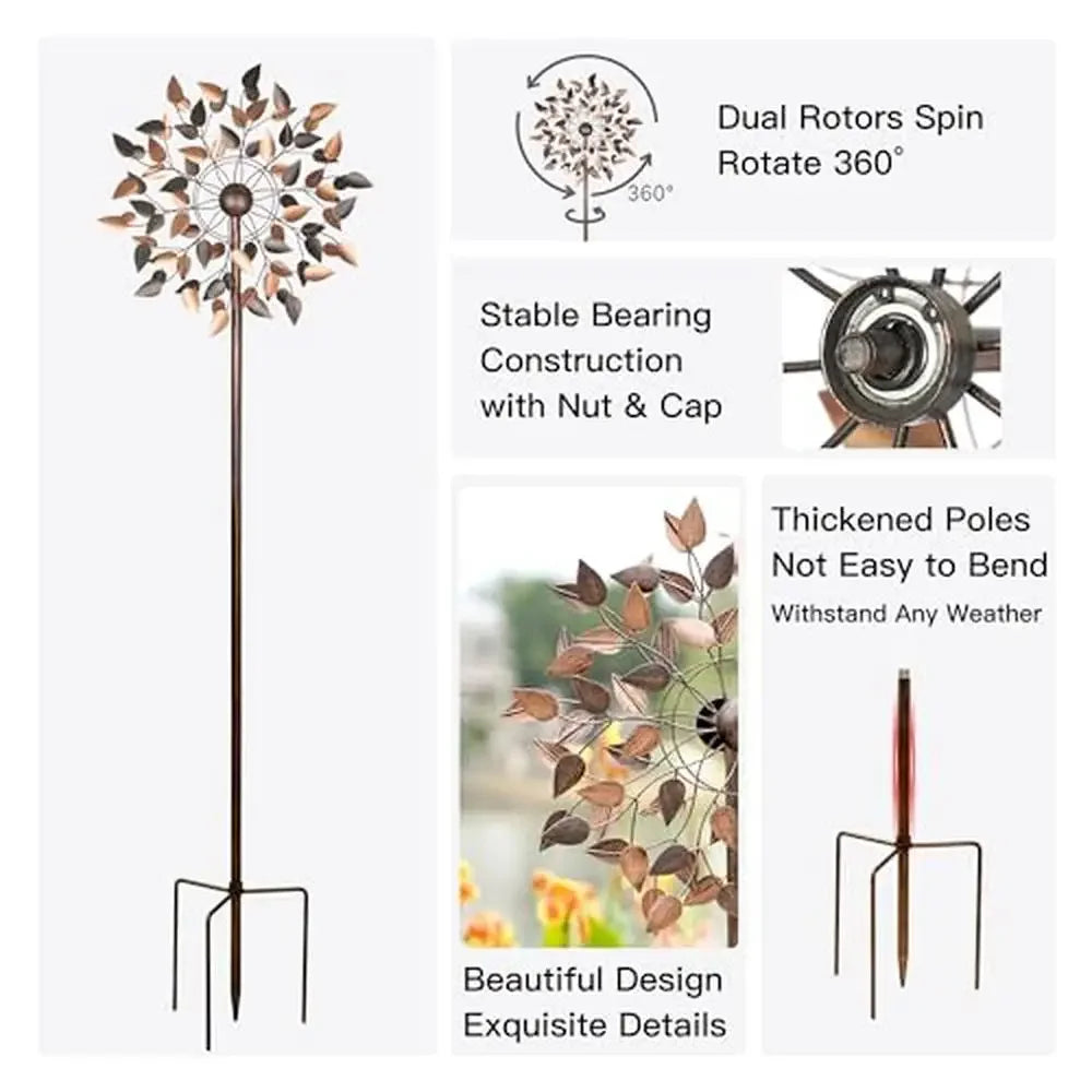 Metal Garden Wind Spinners W23 Copper Leaves Spin