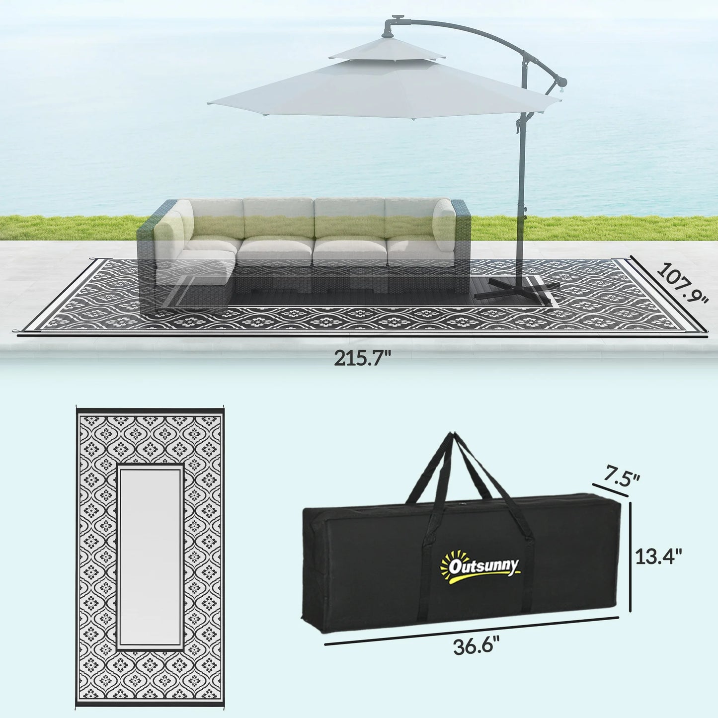Outdoor Rug, 9' x 18' Floor Mat, Black White Gourd Border