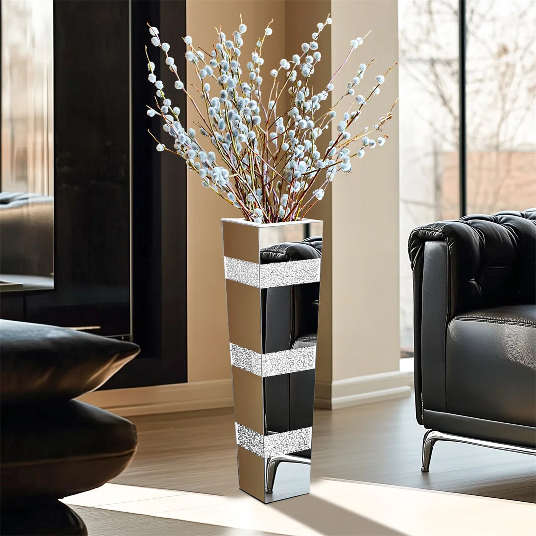 Floor Flower Vase Decorative Crystal Silver Standing Mirrored