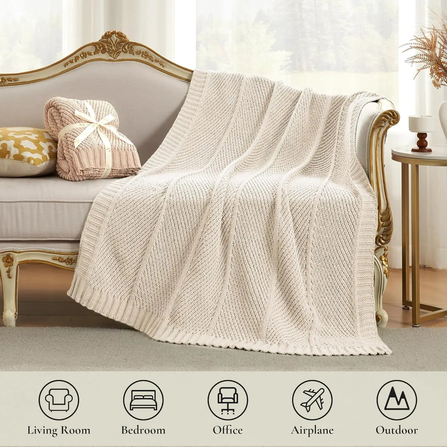 Chenille Knit Throw, Chunky Knit Soft Blanket , Ivory, 50"x 60"