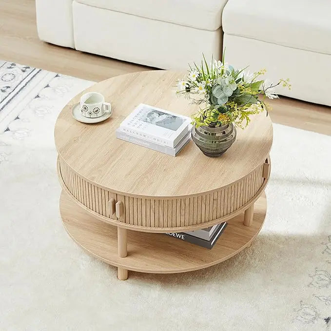 31.5” Round Coffee Table with Storage, Mid Century Modern 2 Tier Coffee Table with Tambour Sliding Door, Solid Wood Legs Fluted
