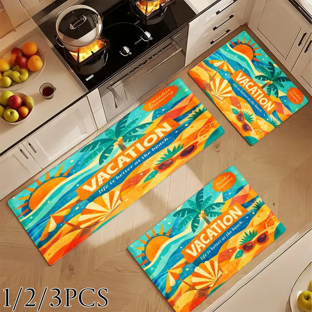 3PCS Kitchen Rugs, Palm Tree Sun Sunglasses Wave Dining Mat