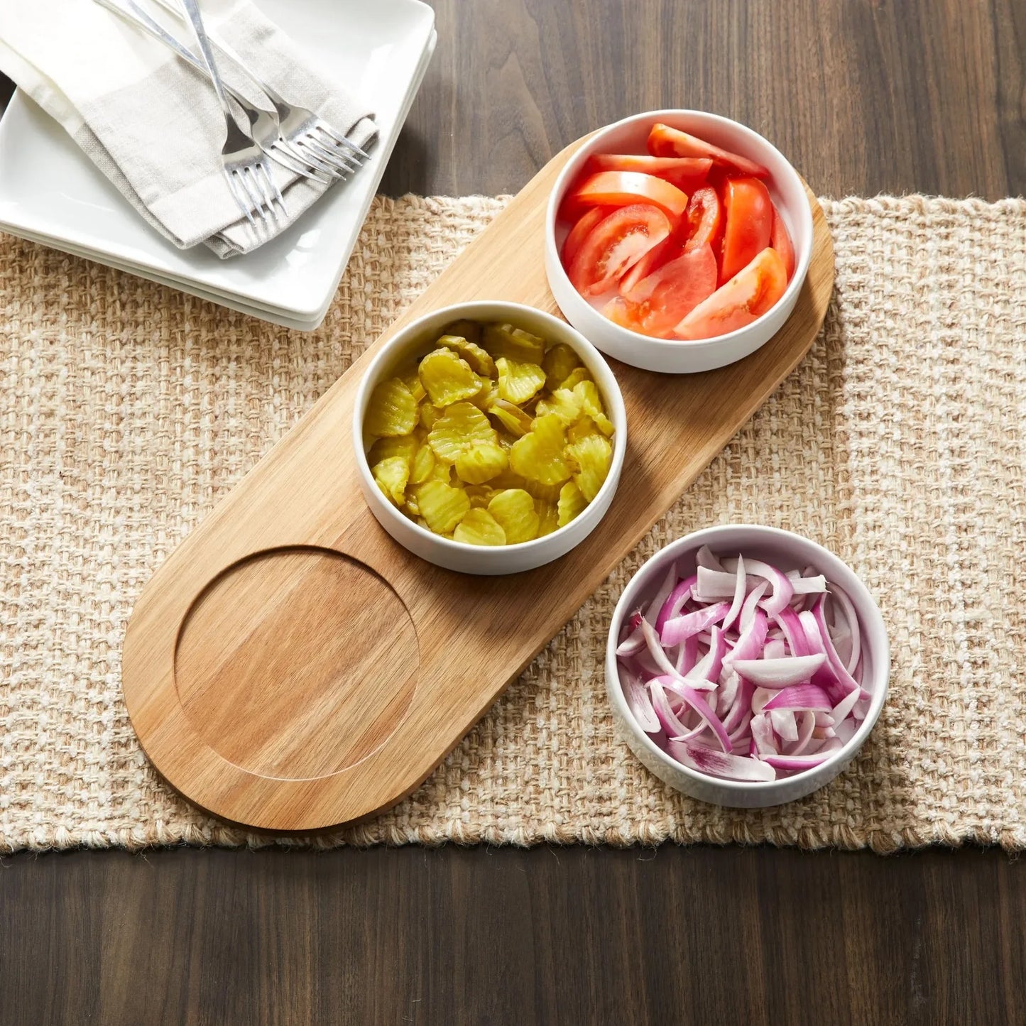 Tray - condiment bowl, white ceramic - acacia wood tray