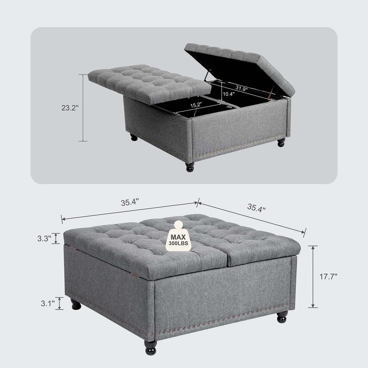 35" Large Square Storage Ottoman Bench