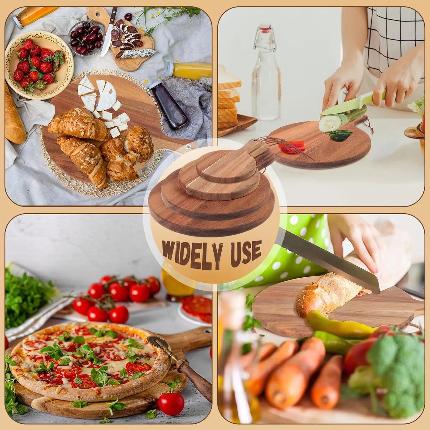 20 Pcs Round Acacia Wood Cutting Board Set with Handle