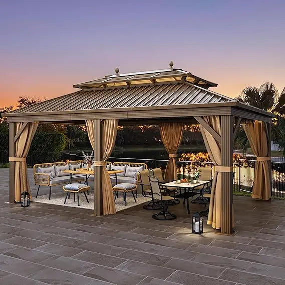 Gazebo 12x18ft Hardtop Heavy Duty Double Roof Outdoor Upgraded Galvanized w/Nettings Curtains Steel Combined of Horizontal Vert
