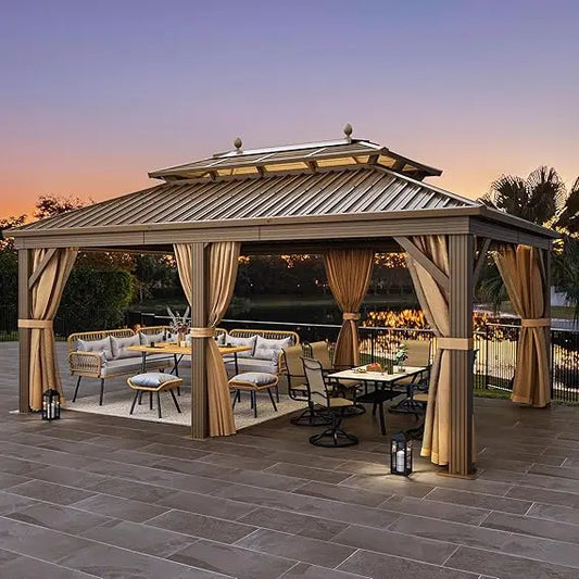 Gazebo 12x18ft Hardtop Heavy Duty Double Roof Outdoor Upgraded Galvanized w/Nettings Curtains Steel Combined of Horizontal Vert
