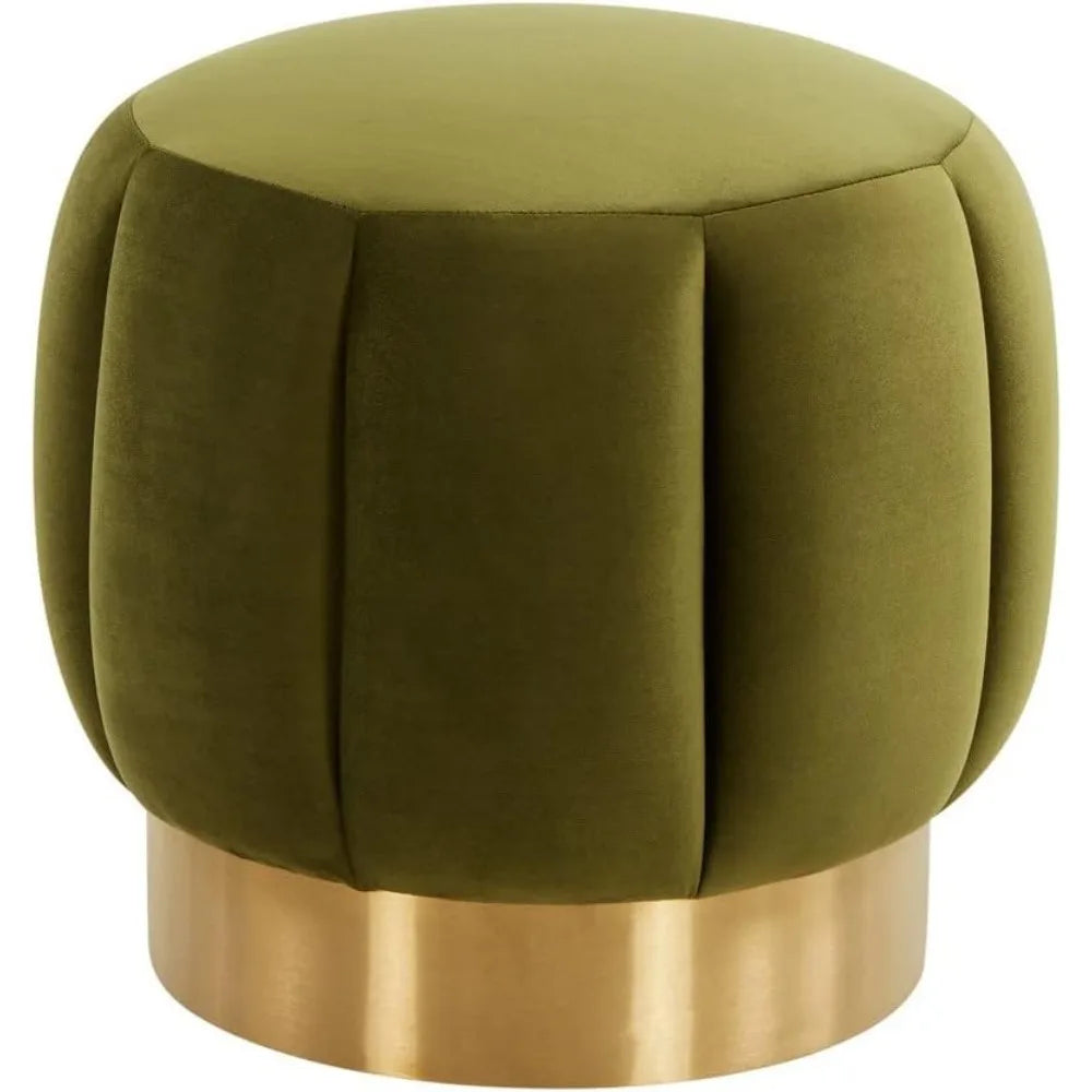 Olive Green Velvet Channel Foot Stool Round Ottoman