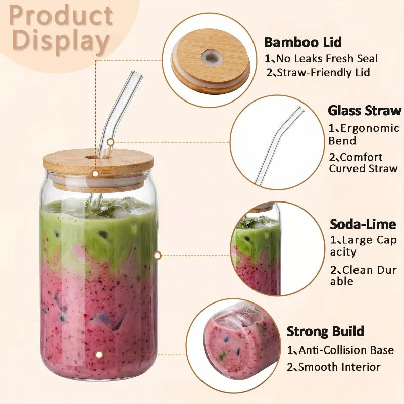 8 Pack Can‑Shaped Glass Cups Set with Bamboo Lids, Clear Iced Coffee Drinking Glass Tumbl