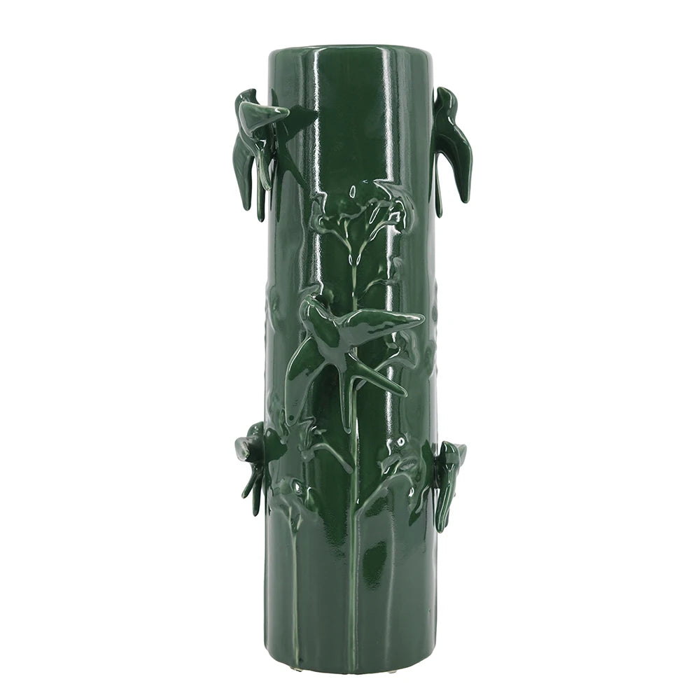 D7.9x18.9" Tall Green Ceramic Vase with Sculpted Birds and Vines
