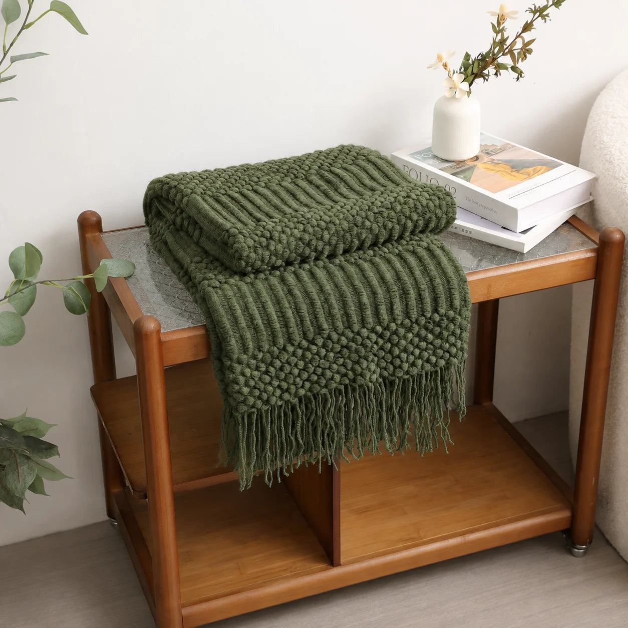 Cream Popcorn Bobble Textured Knit Throw Blanket with Tassel Fringe,