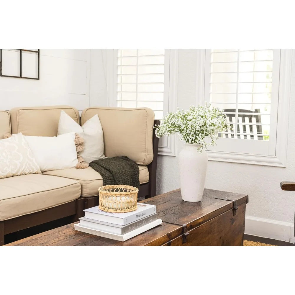 12 Inch White Ceramic Vase with White Baby's Breath