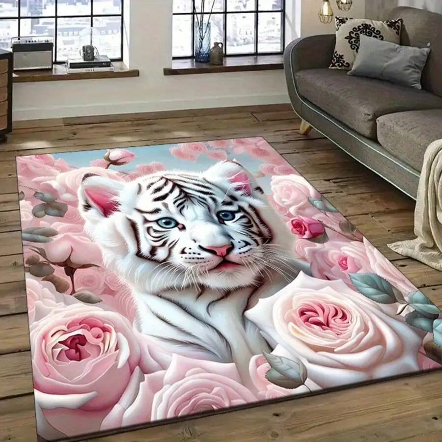 Pink Tiger Floral Pattern Flannel Rug, 2D Digital Print, Non-Slip