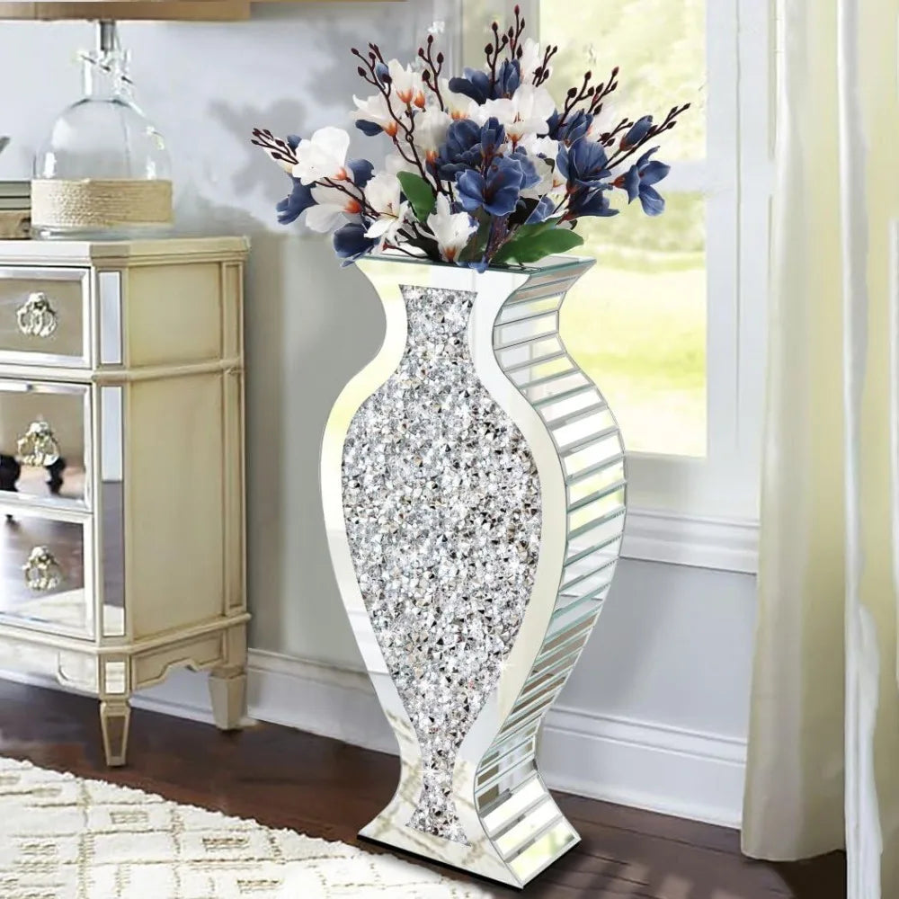 Luxurious 27-Inch Tall Floor Vase Diamond Mirrored Glass
