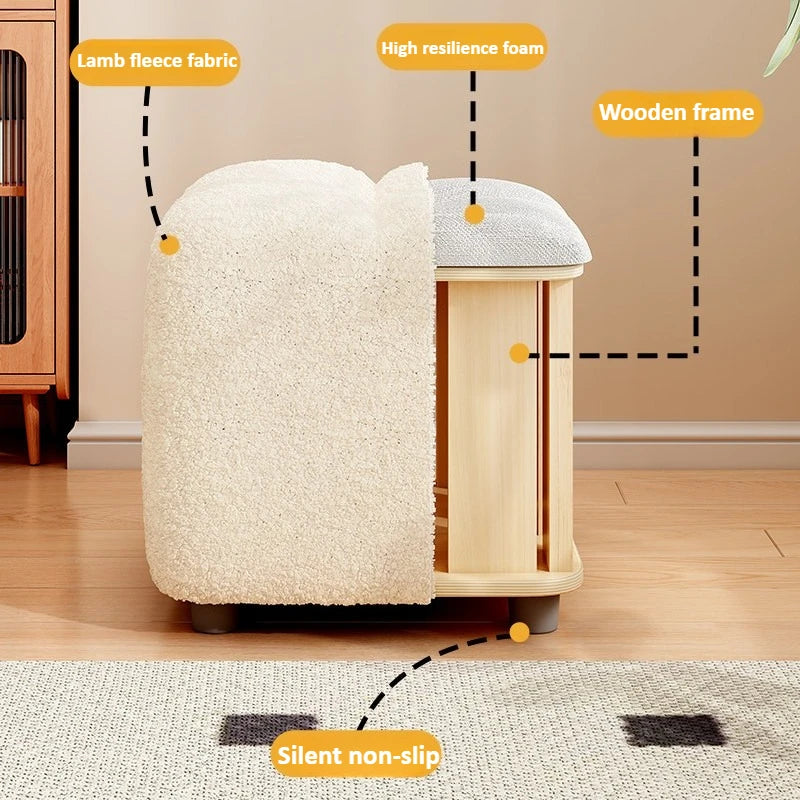 Lambs Wool Small Pouf Stool - Plush Sitting Cushion for Sofa