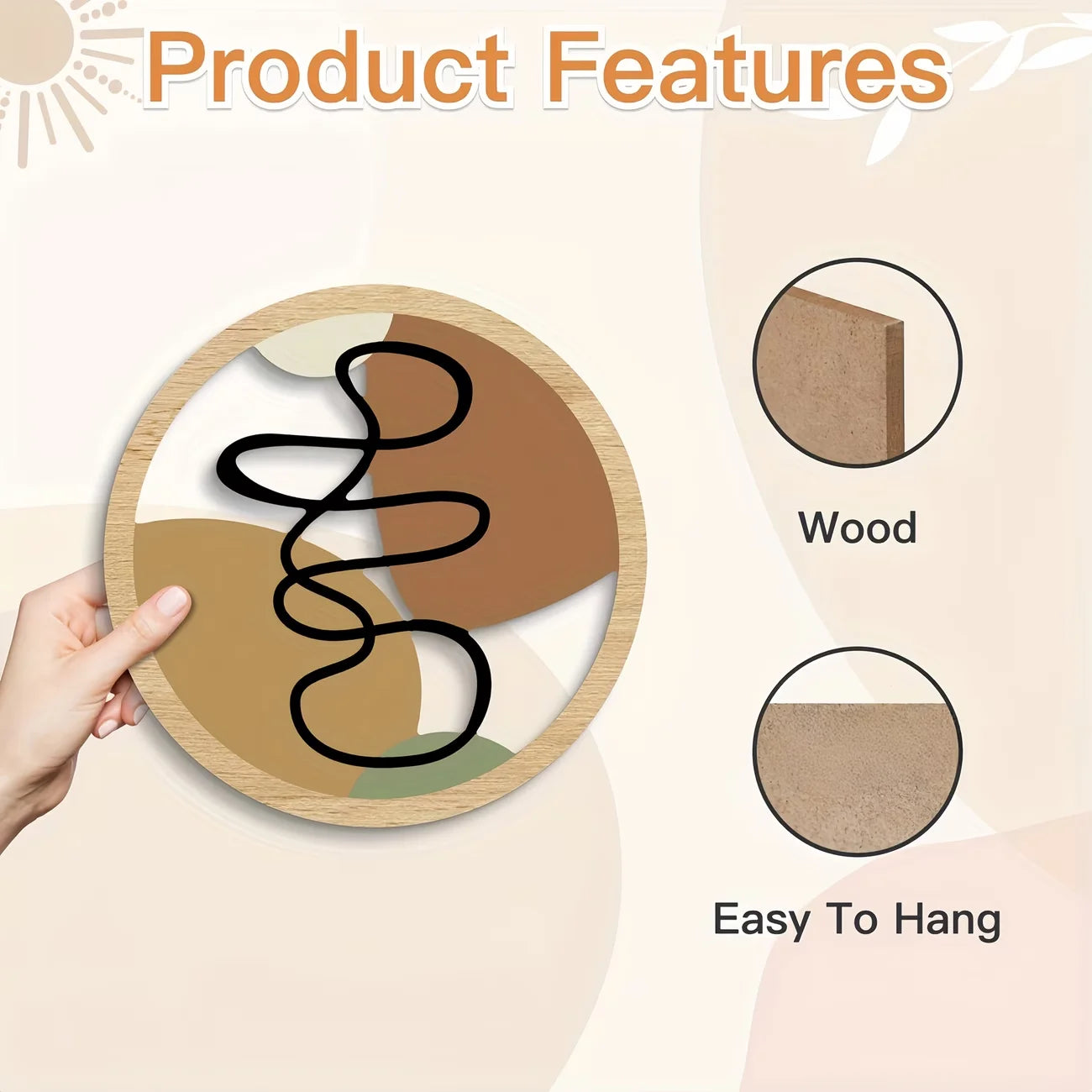 4Pcs Boho 2D Wave Wall Art Round Wooden Hanging Signs