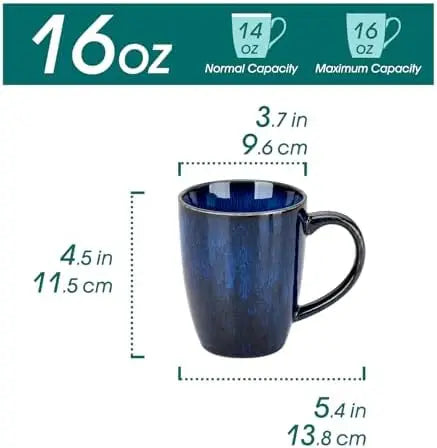 16 Oz Ceramic Coffee Mug Set of 6, Microwave & Dishwasher Safe, Blue