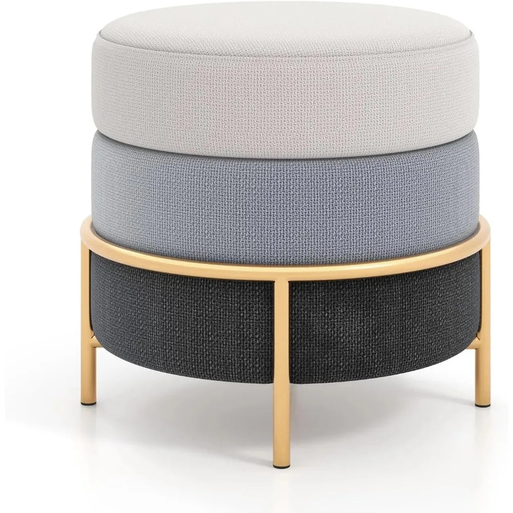 Round Vanity Stool, Linen Fabric Ottoman Cushioned Seat