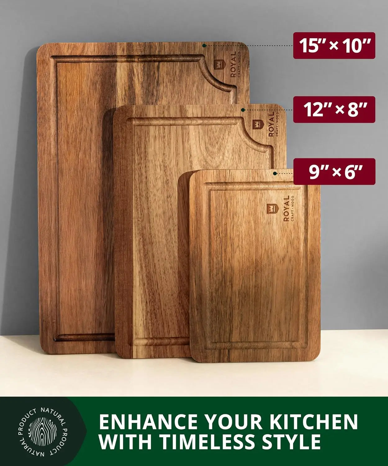 Acacia Wood Cutting Boards Set of 3 with Deep Juice Groove