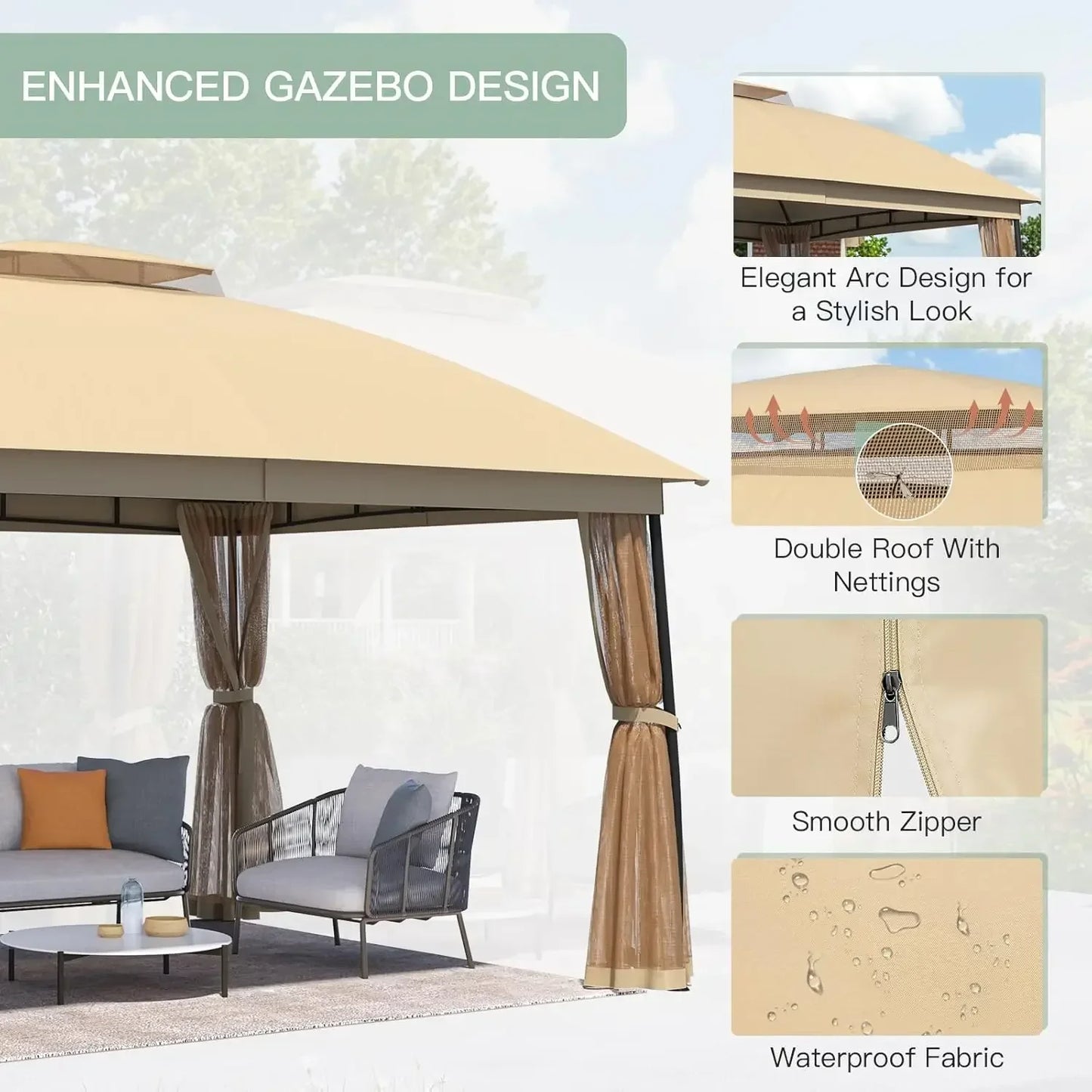 10 x 13 Gazebo, Metal Patio Gazebo Netting -Double Air Roofs