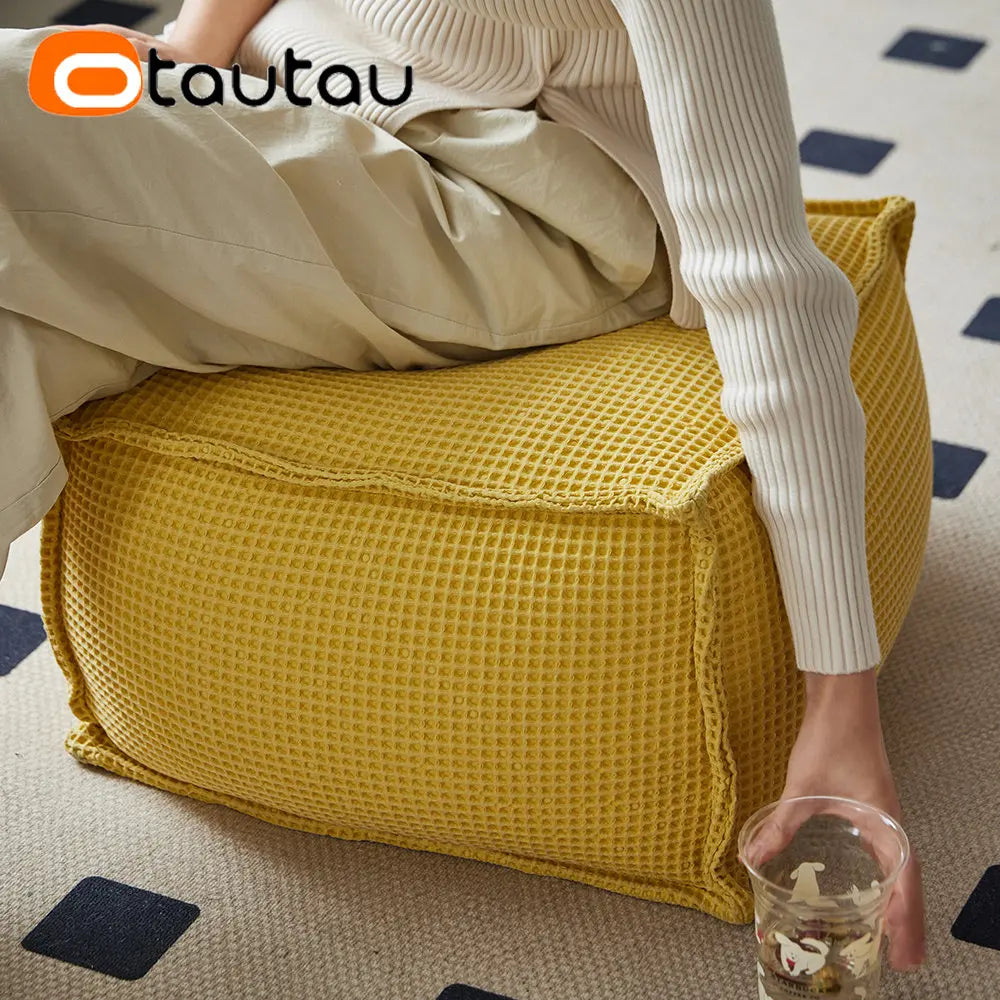 OTAUTAU 100% Pure Cotton Waffle Beanbag Stool Ottoman with Filling Square