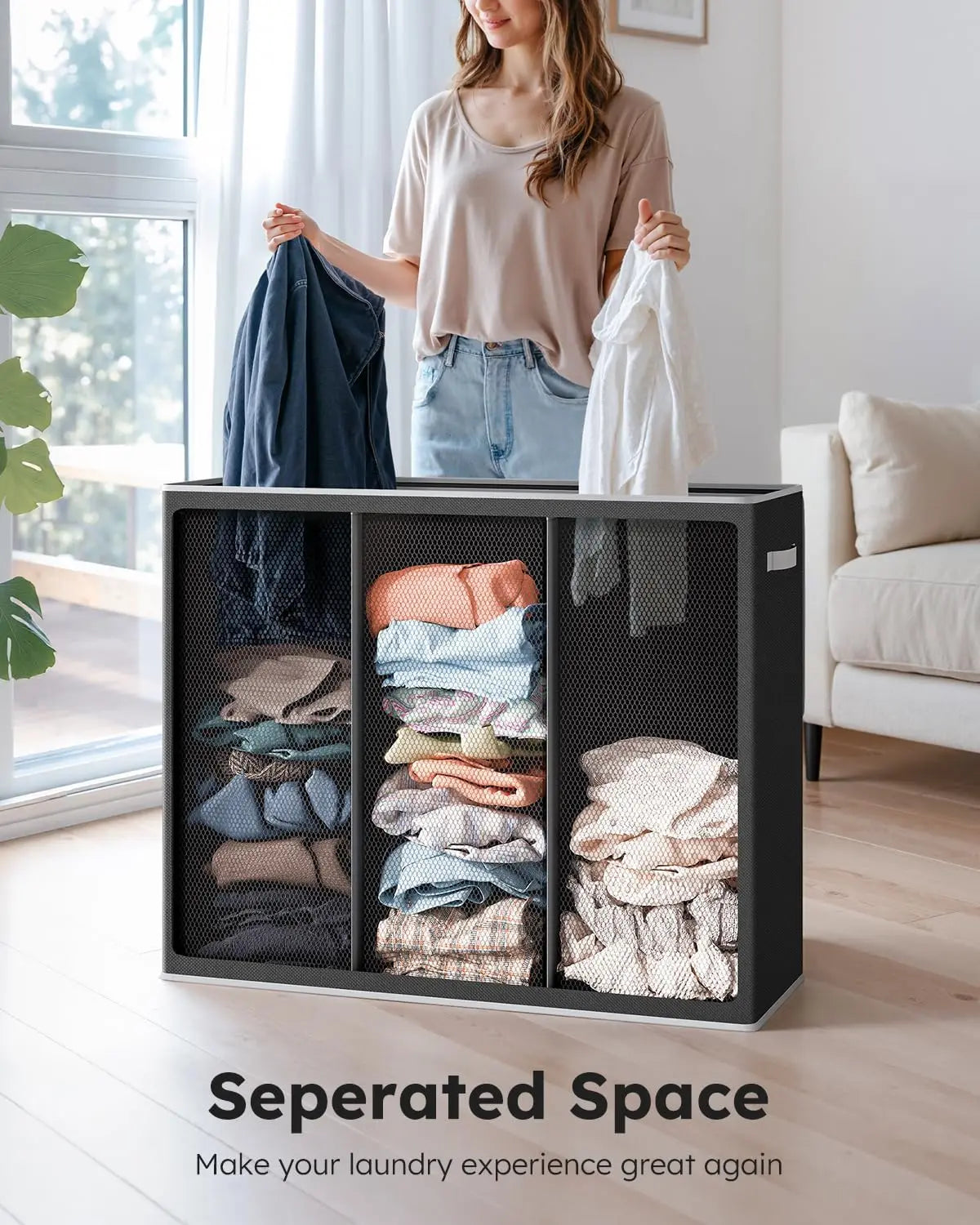 180L Extra Large Laundry Hamper with Lid, 3-Section