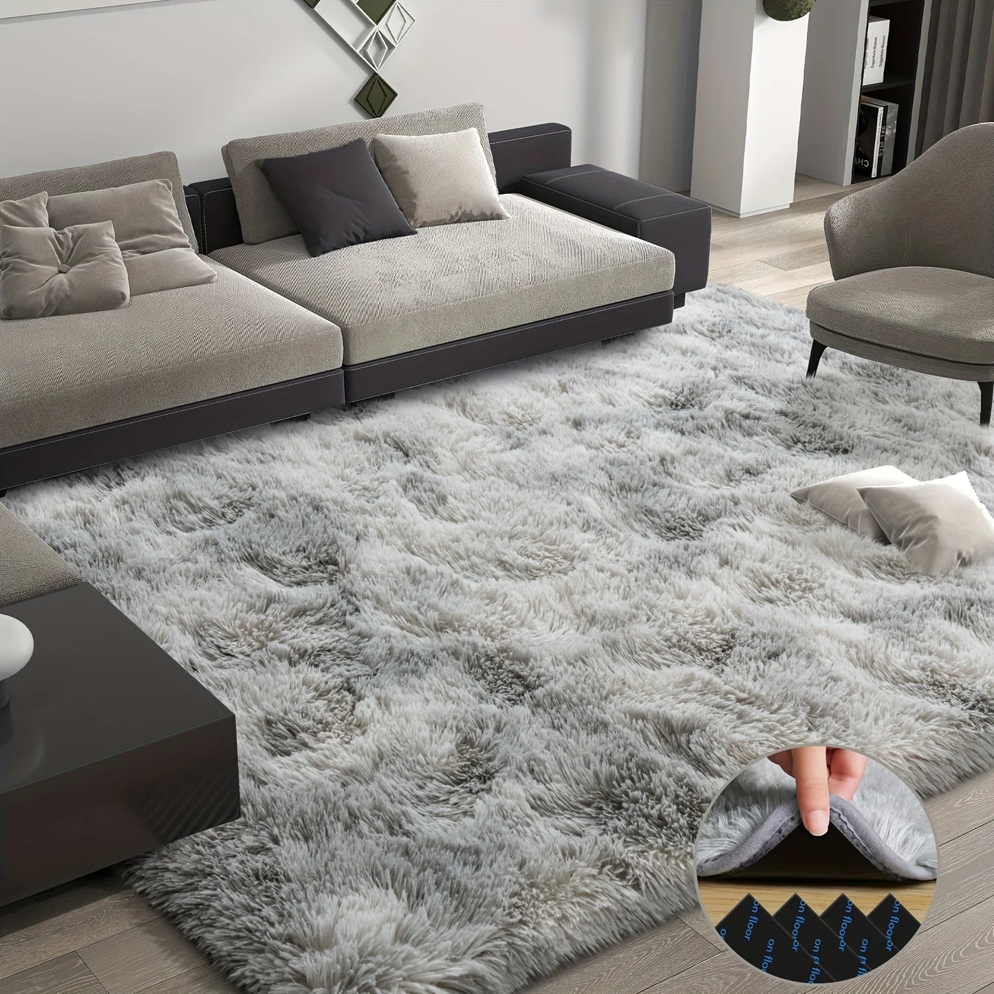 Fluffy tie-dyed gray carpet, upgraded non-slip home  carpet.