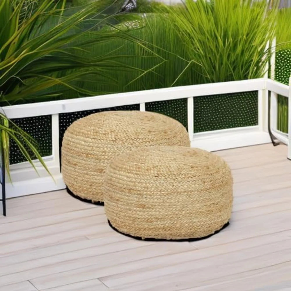 Jute Circular Low Pouf Ottoman - Braided Footrest Set of 2 Natural (18"X18"X10")