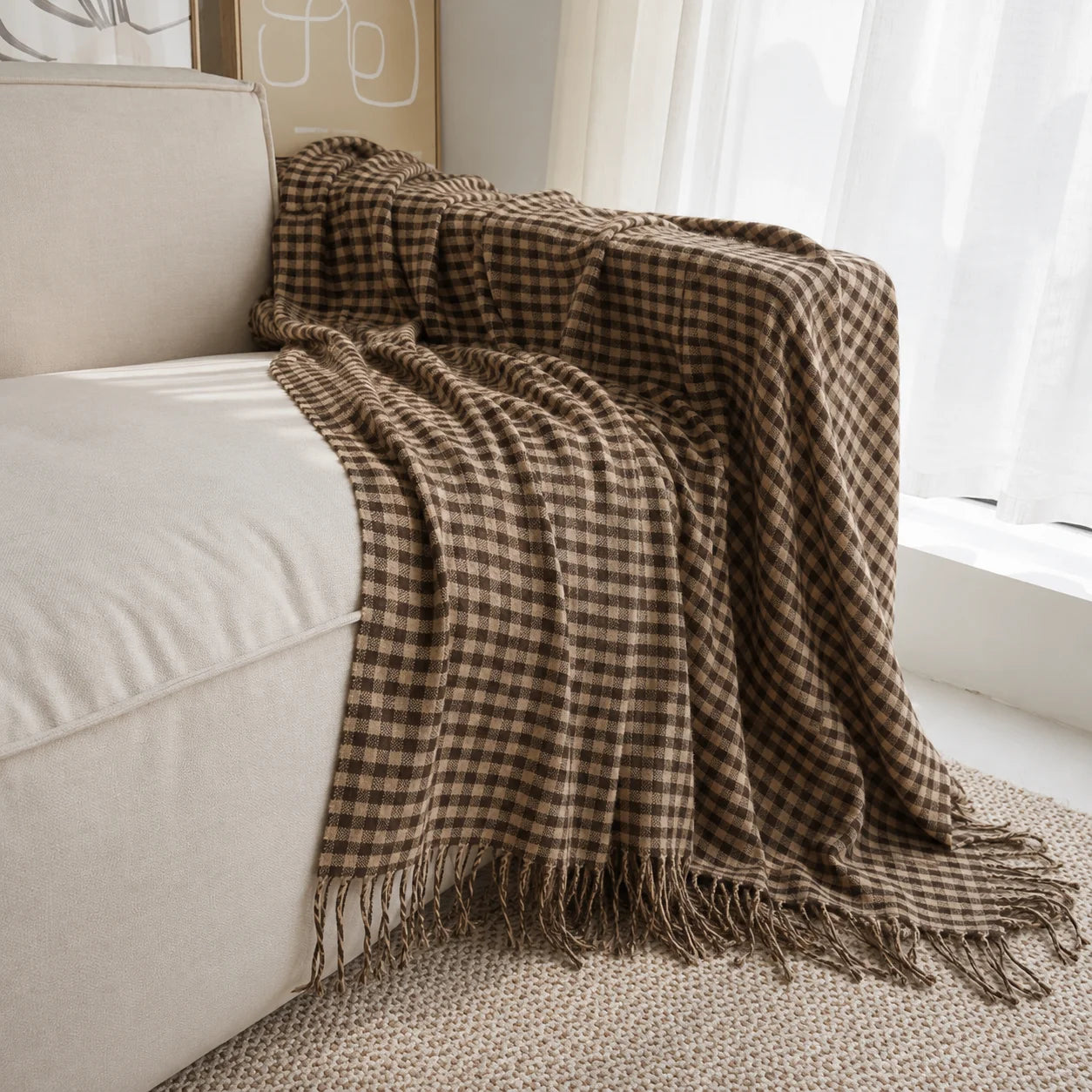 Dark Brown Wavy Chevron Textured Knit Throw Blanket with Tassel Fringe,