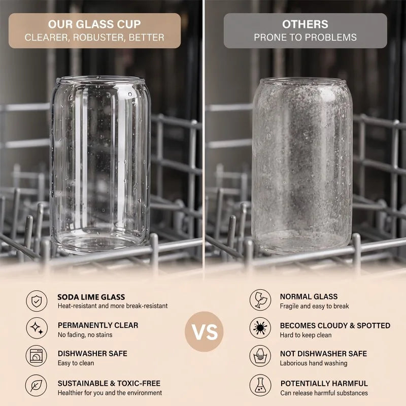8 Pack Can‑Shaped Glass Cups Set with Bamboo Lids, Clear Iced Coffee Drinking Glass Tumbl