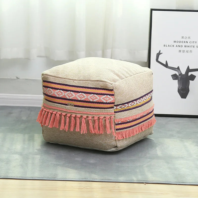 Square Multi-Pattern Moroccan Cotton And Linen Footstool