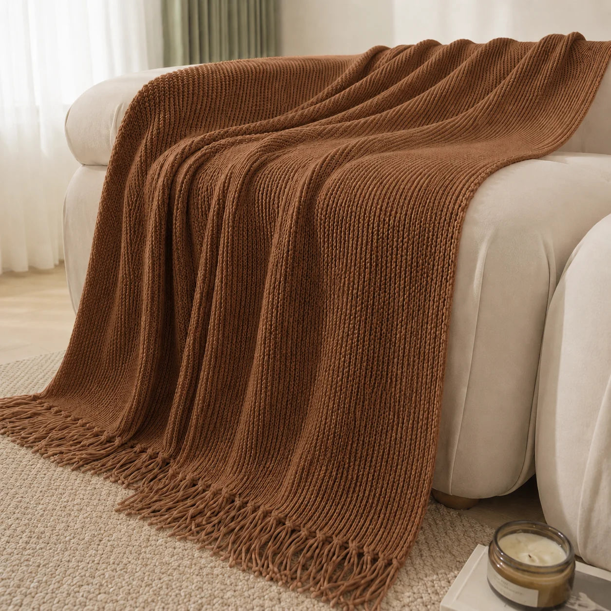 Textured Knit Throw Blanket with Tassel Fringe, Soft Knitted Decorative Blanket,