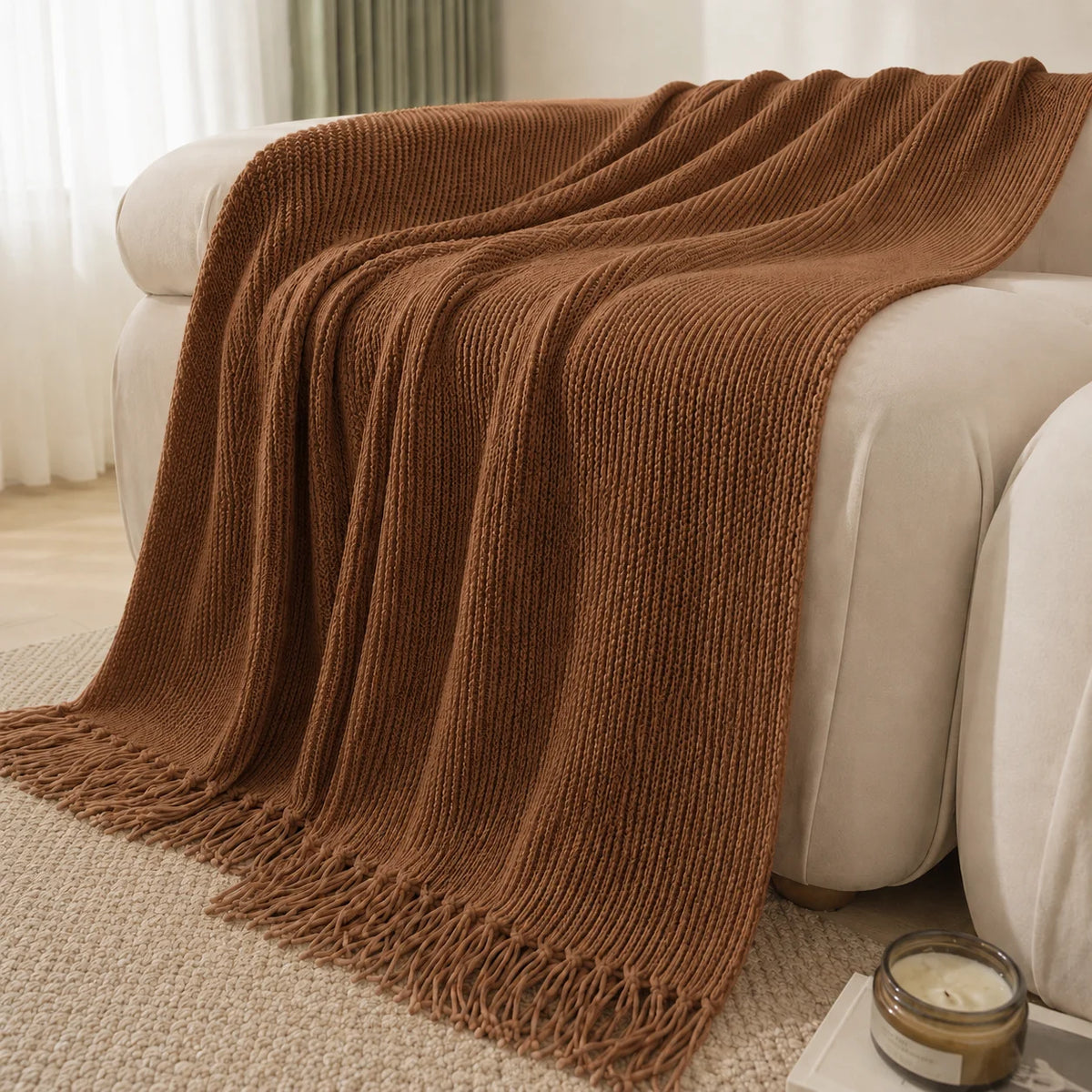 Burnt Orange Herringbone Textured Knit Throw Blanket with Tassel Fringe