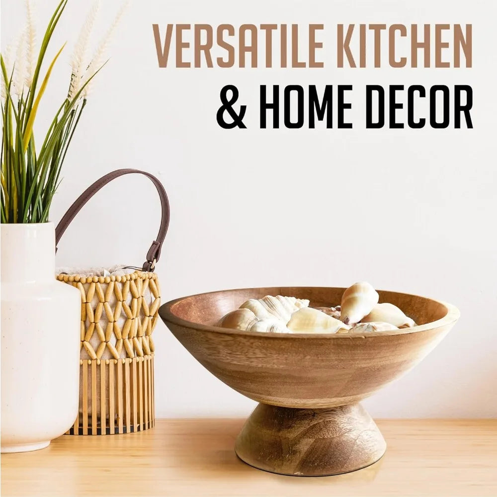 10 Inch Brown Pedestal Bowl - Wooden Fruit, Candy Holder