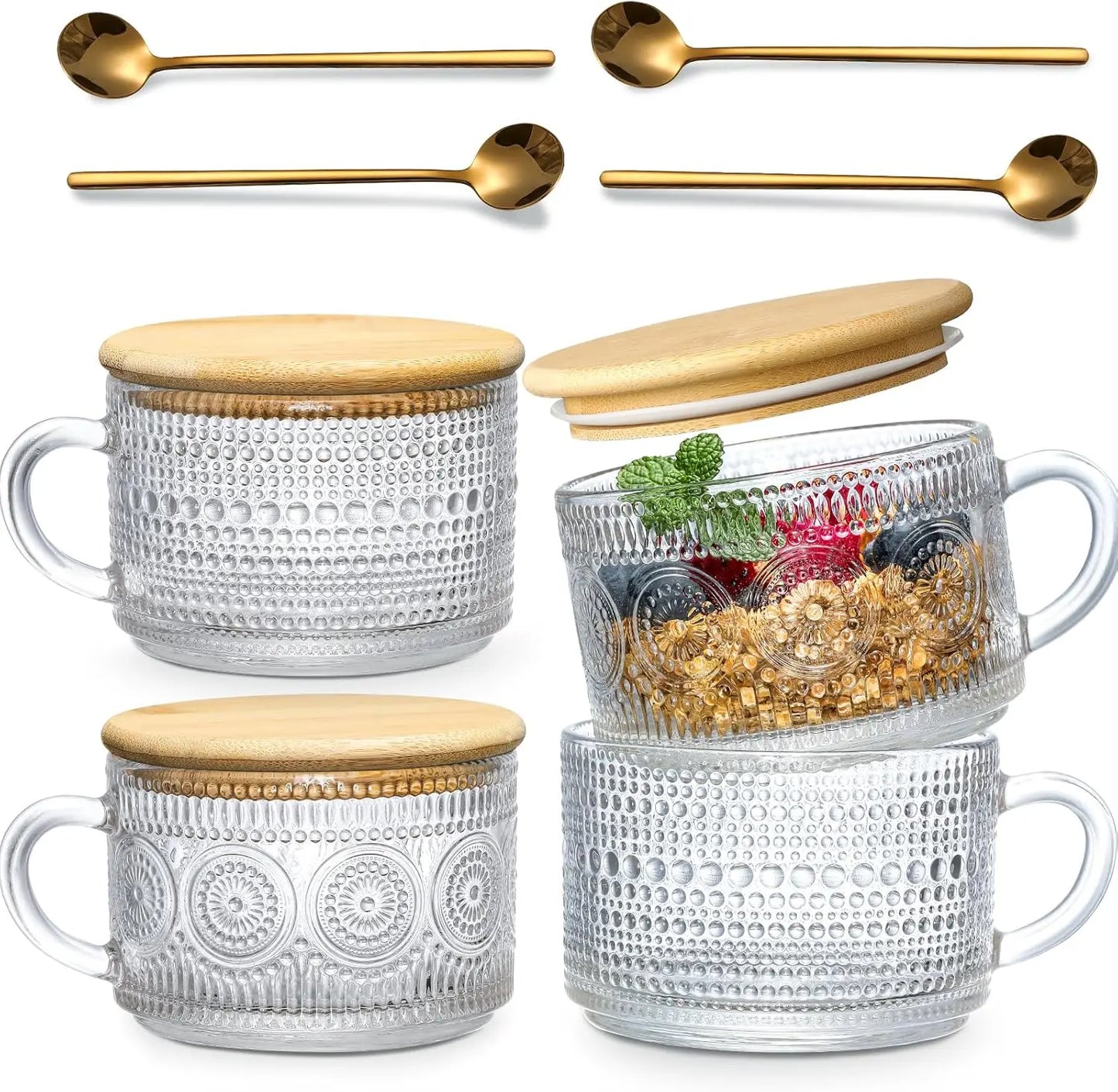 4-piece set of 15.2oz/450ml glass cups and wooden lids