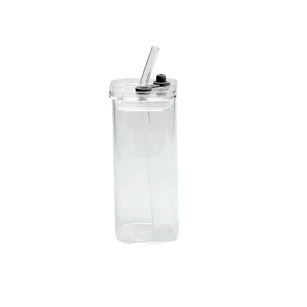 Square Glass Tumblers with Lid & Straw –(Lids Straws Included)