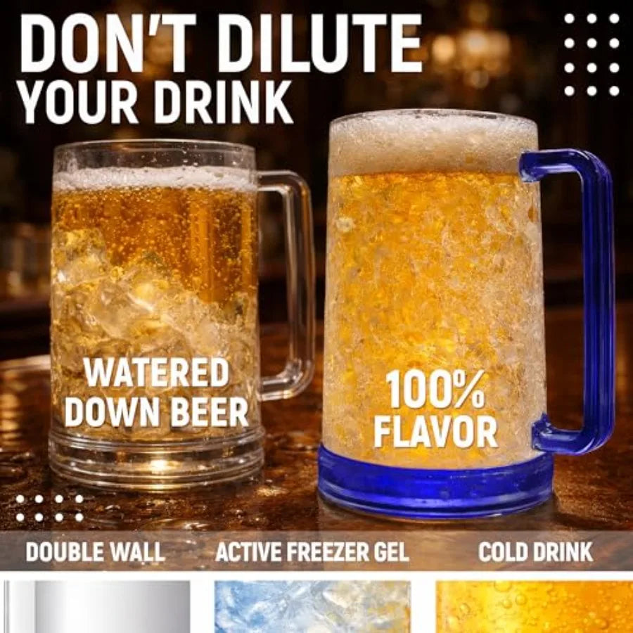 Beer Mugs for Freezer Set of 4 , 16oz Double Walled Glasses,