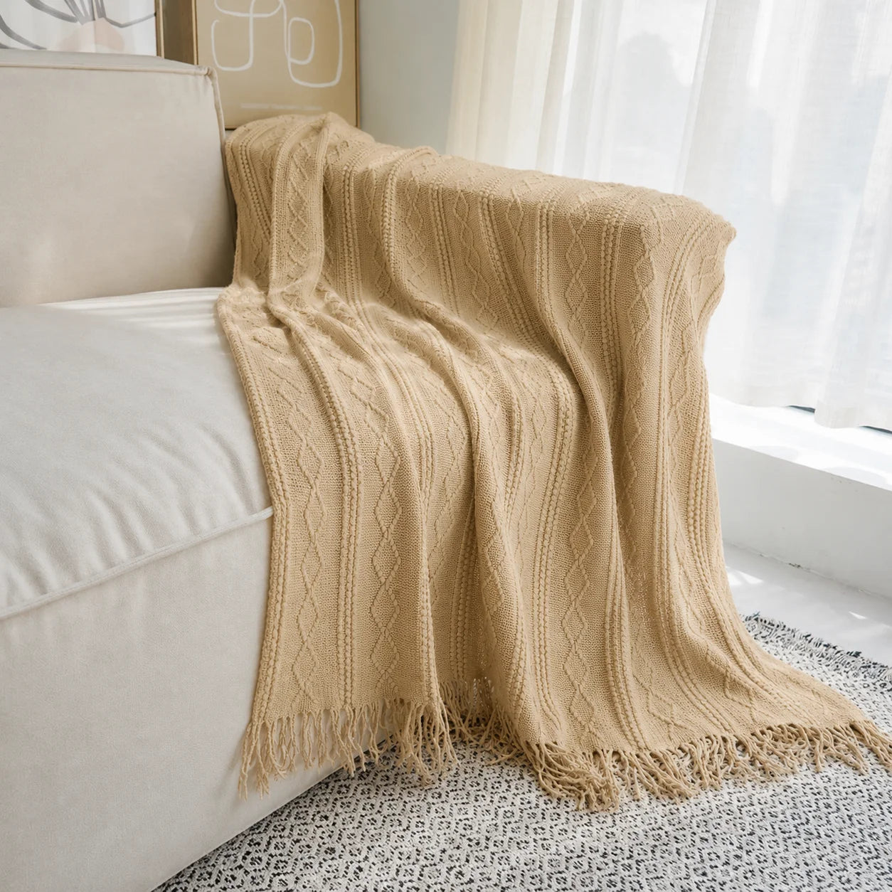 Dark Brown Wavy Chevron Textured Knit Throw Blanket with Tassel Fringe,