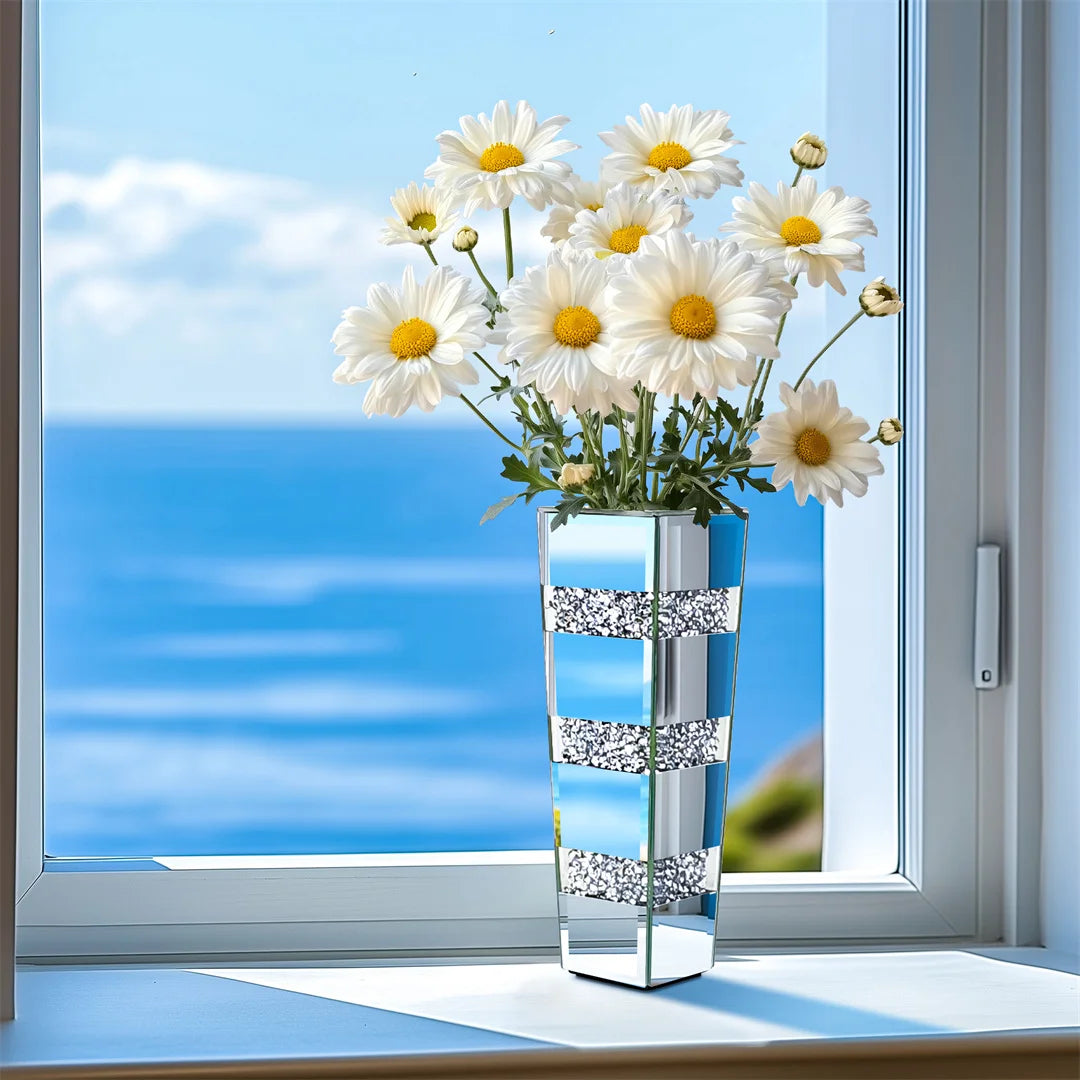 Floor Flower Vase Decorative Crystal Silver Standing Mirrored