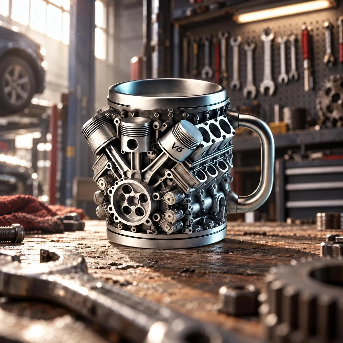 V6 Engine Stainless Steel Coffee Mug, 3D Metal