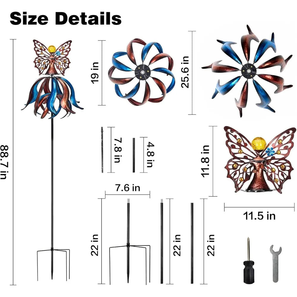 Solar Wind Spinner, Extra-Large Tulip Garden Wind Spinners with LED Lighting Solar Powered Glass Ball, Kinetic Metal Sculpture