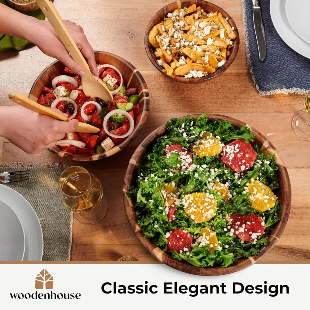 Wooden Bowls, Wooden Salad Bowl Set of 3 - Round