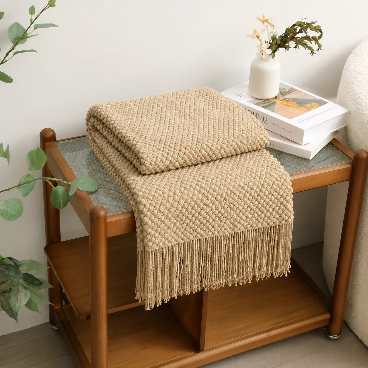 Cream Popcorn Bobble Textured Knit Throw Blanket with Tassel Fringe,