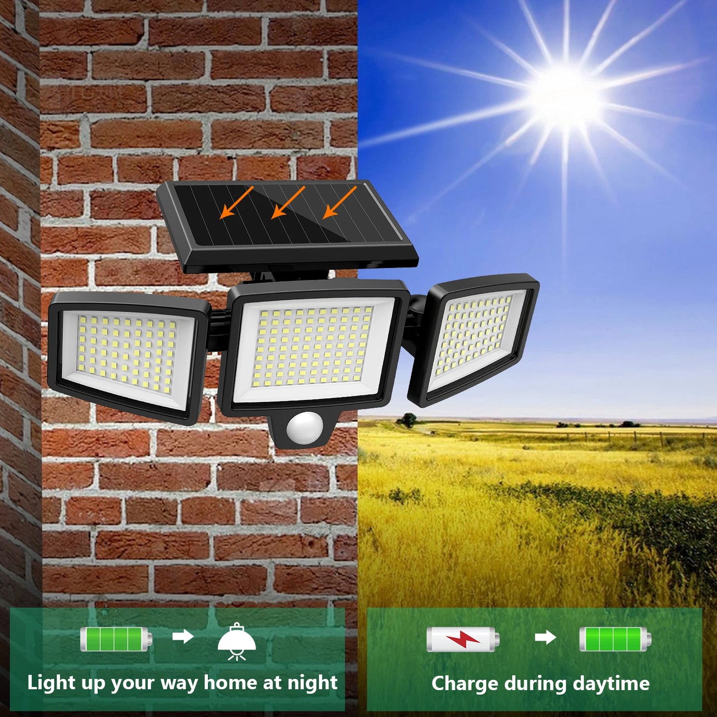 (1/2/3 Pack) 3-Head Solar Outdoor Light, Wireless Remote Control