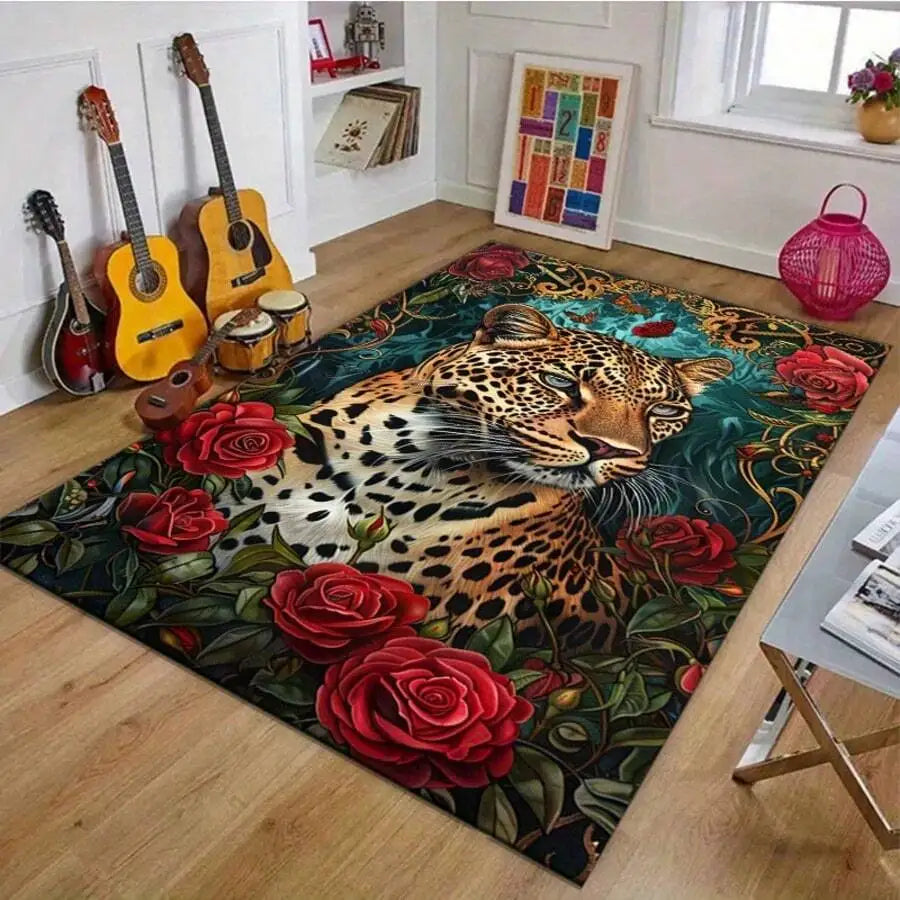Pink Tiger Floral Pattern Flannel Rug, 2D Digital Print, Non-Slip